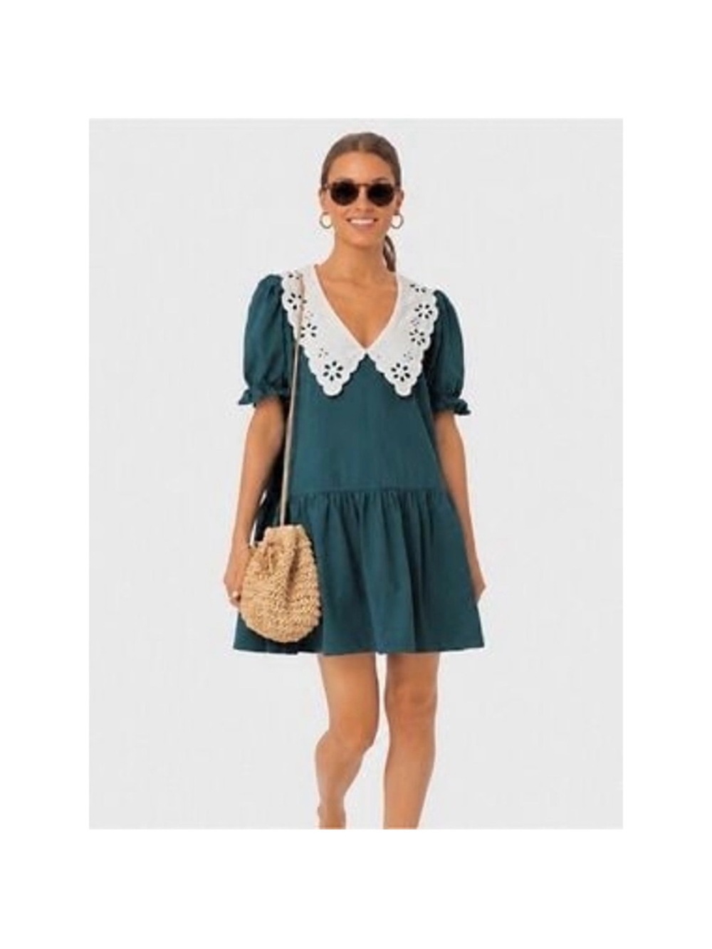 Pomander Place Tuckernuck Kit Mini Dress|Peacock Green w/ ivory eyelet collar